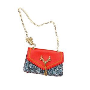 Red & Black Glitter Reindeer Crossbody Purse With Gold Chain Strap 7"x5"
